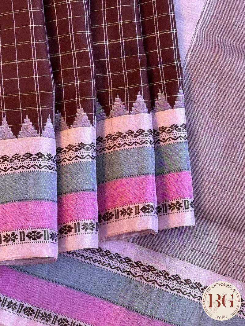 Gadwal handloom pure silk saree - Maroon checker with pink grey pallu and border