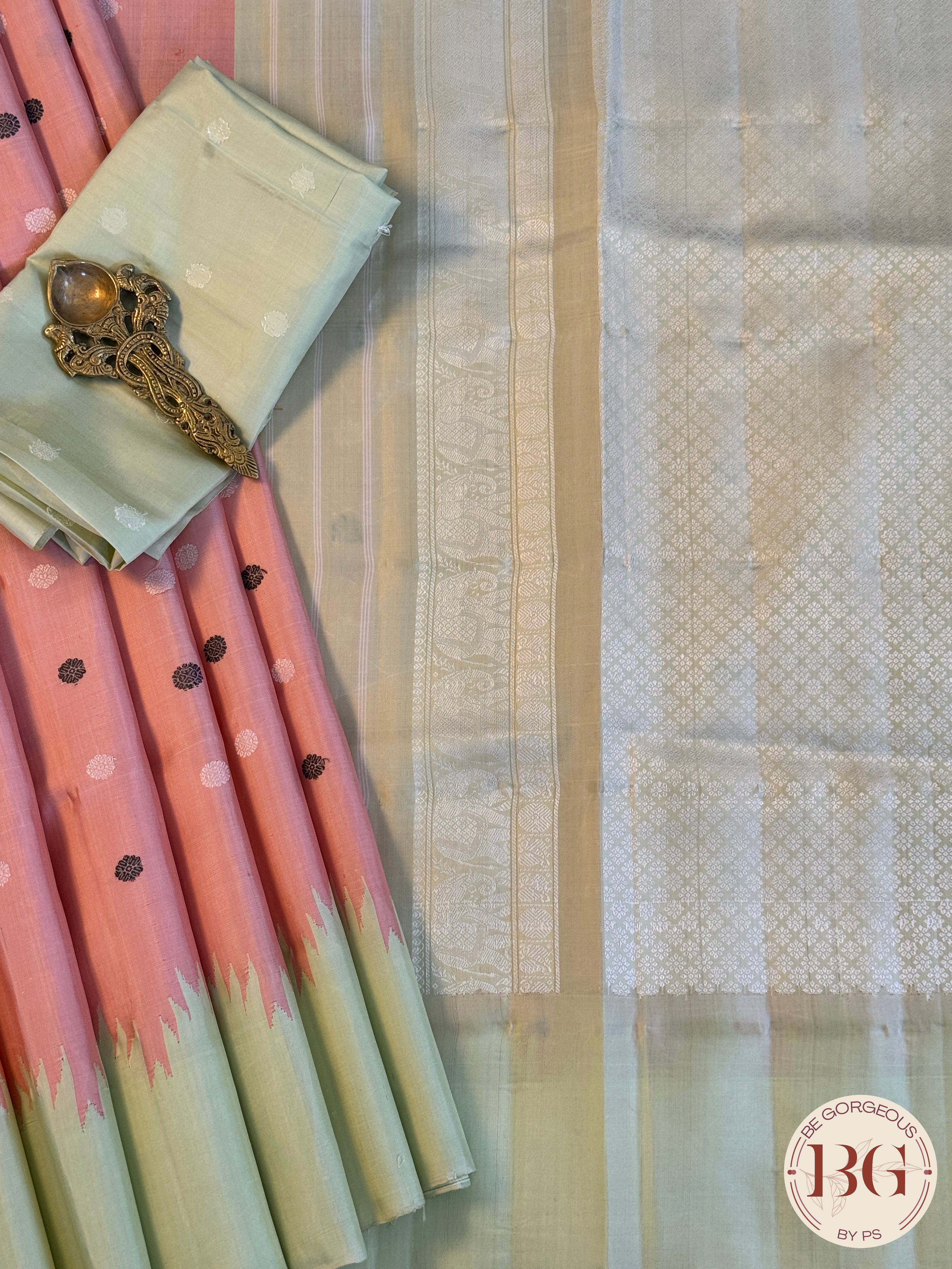 Gadwal handloom pure silk saree - no zari baby pink with green