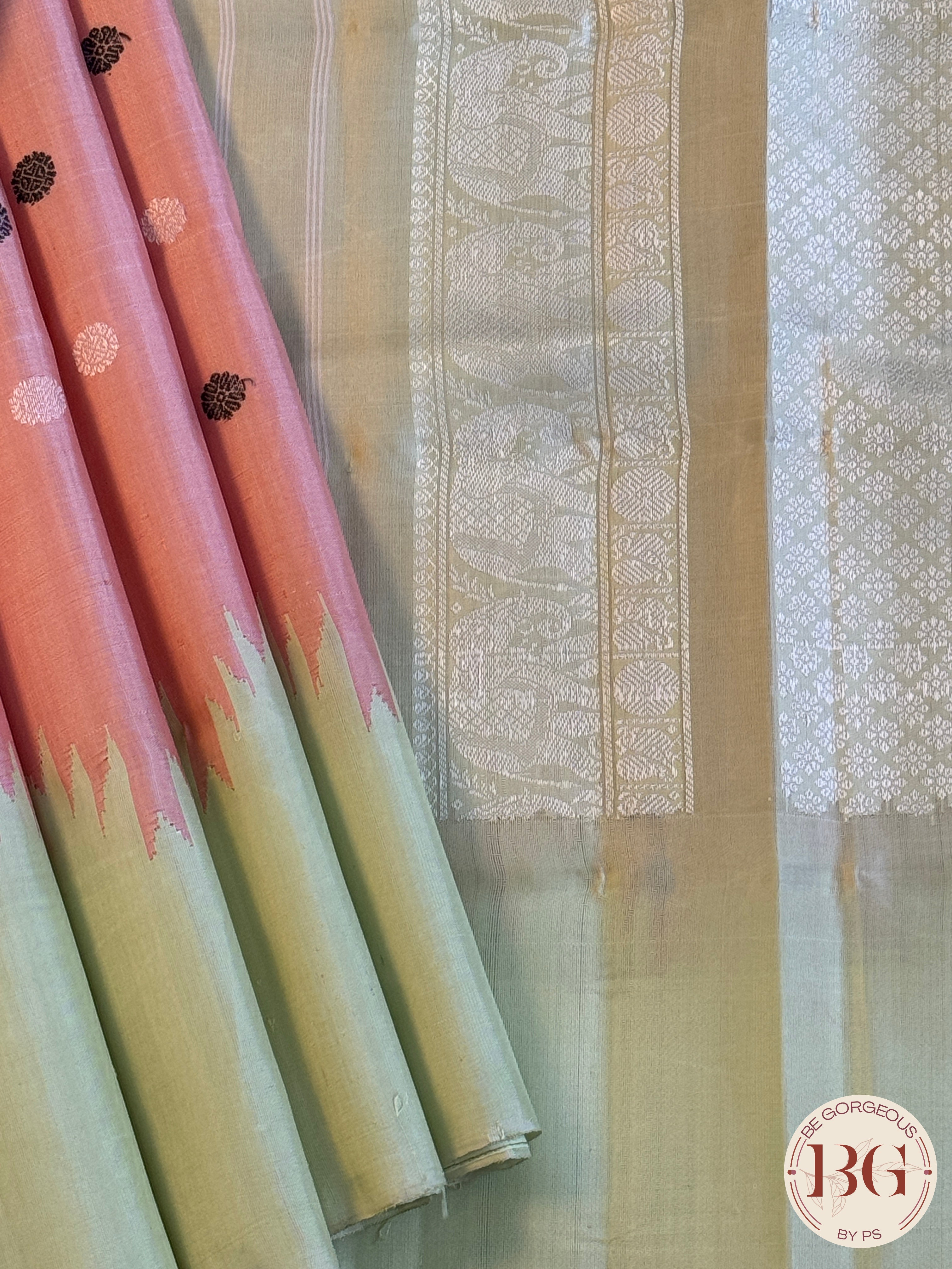 Gadwal handloom pure silk saree - no zari baby pink with green