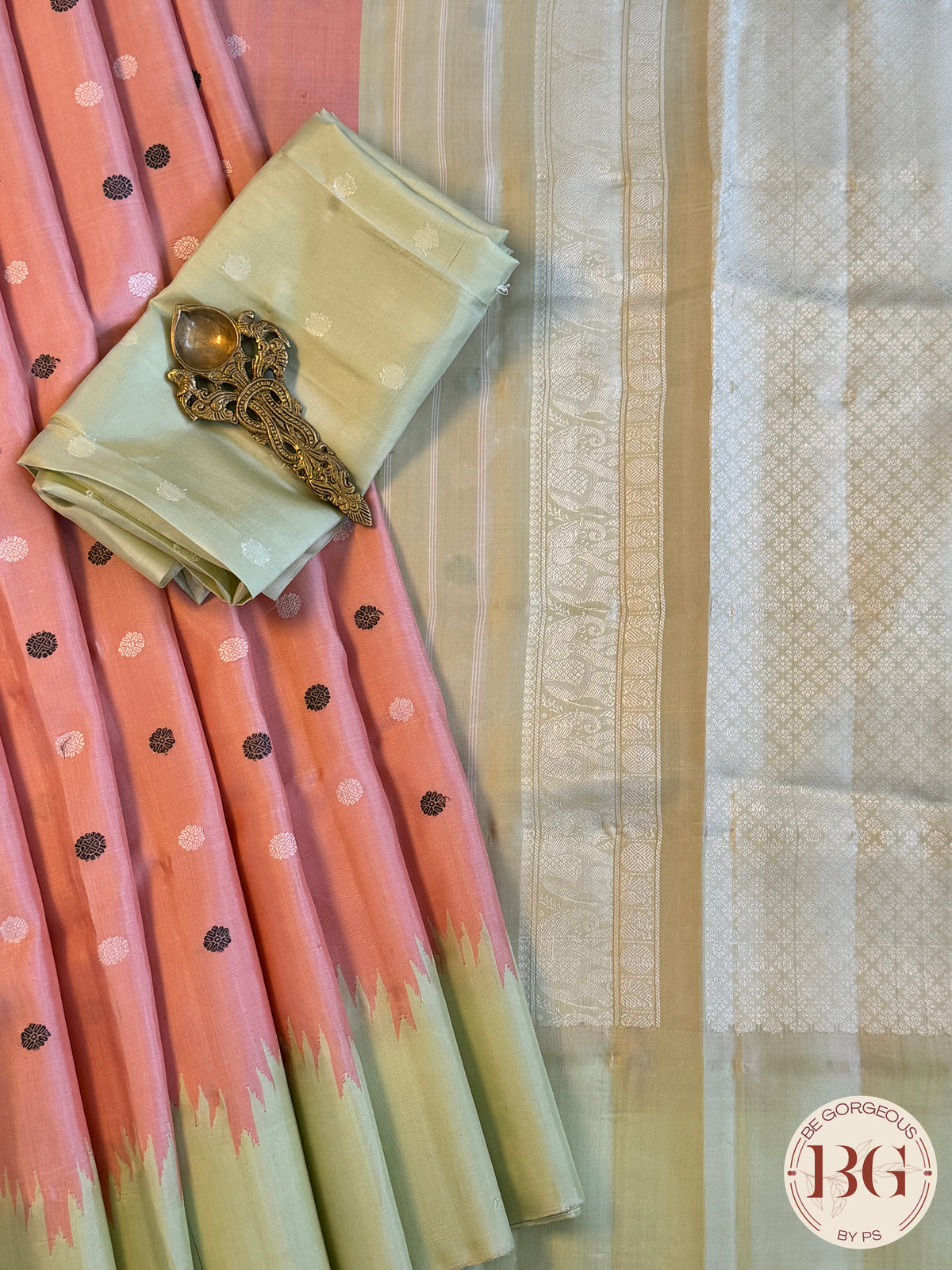 Gadwal handloom pure silk saree - no zari baby pink with green