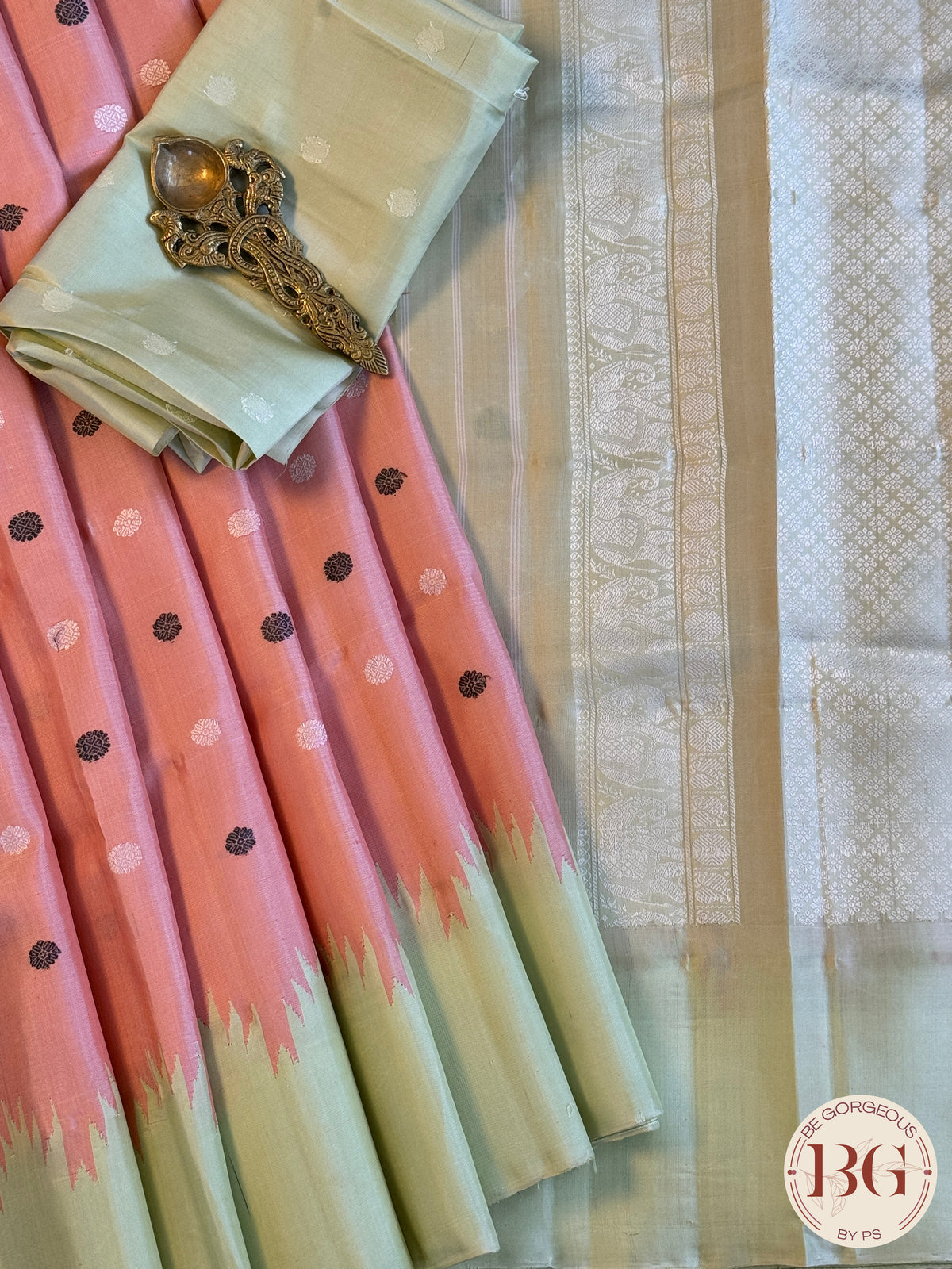 Gadwal handloom pure silk saree - no zari baby pink with green