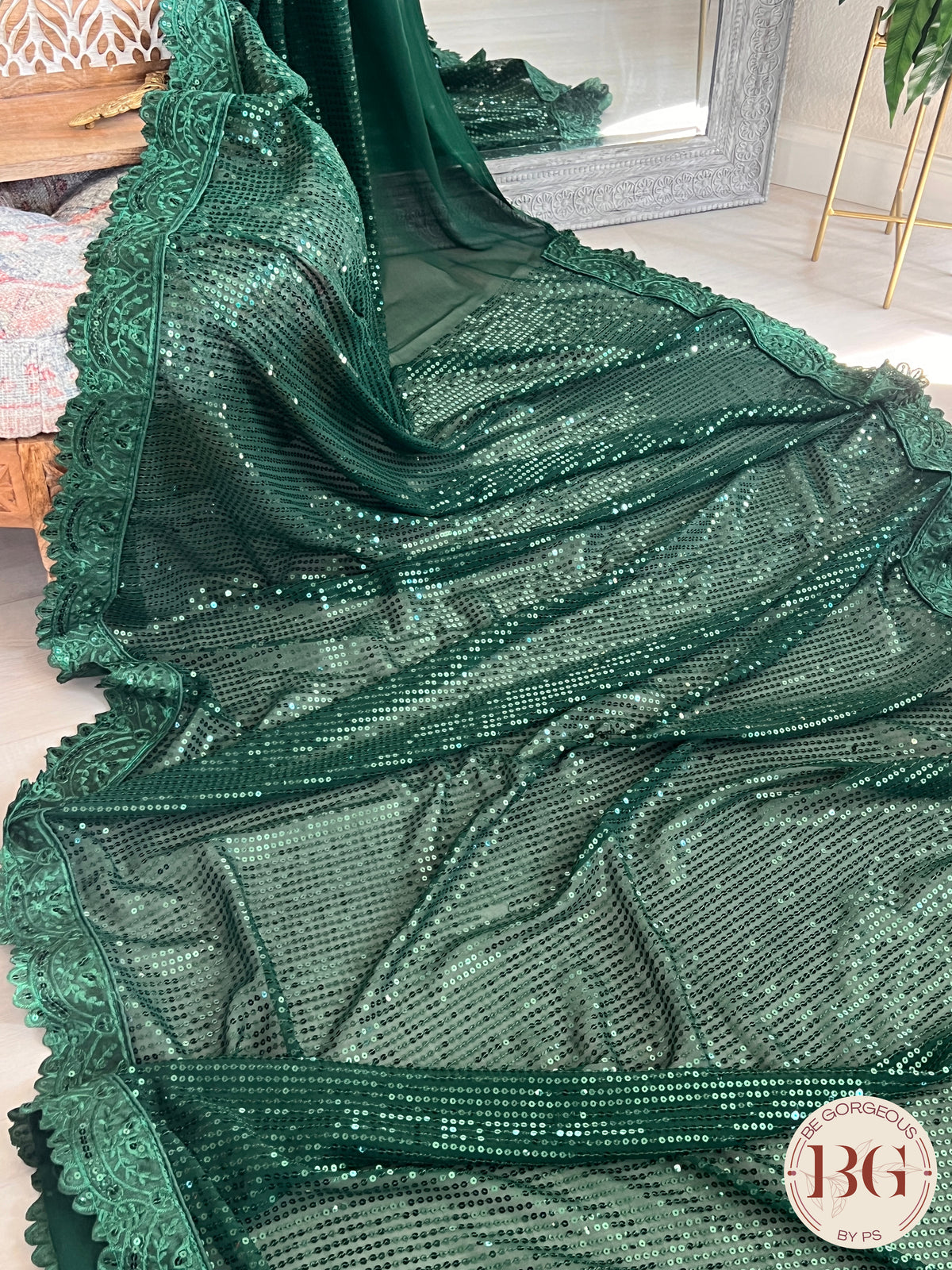 Georgette with all over sequin saree color - green