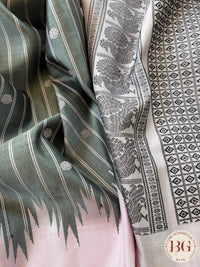 Gadwal handloom pure silk saree - no zari grey striped with baby pink