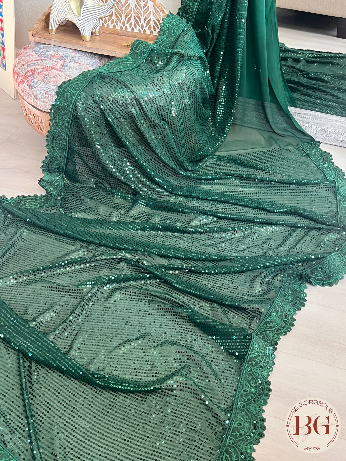 Georgette with all over sequin saree color - green