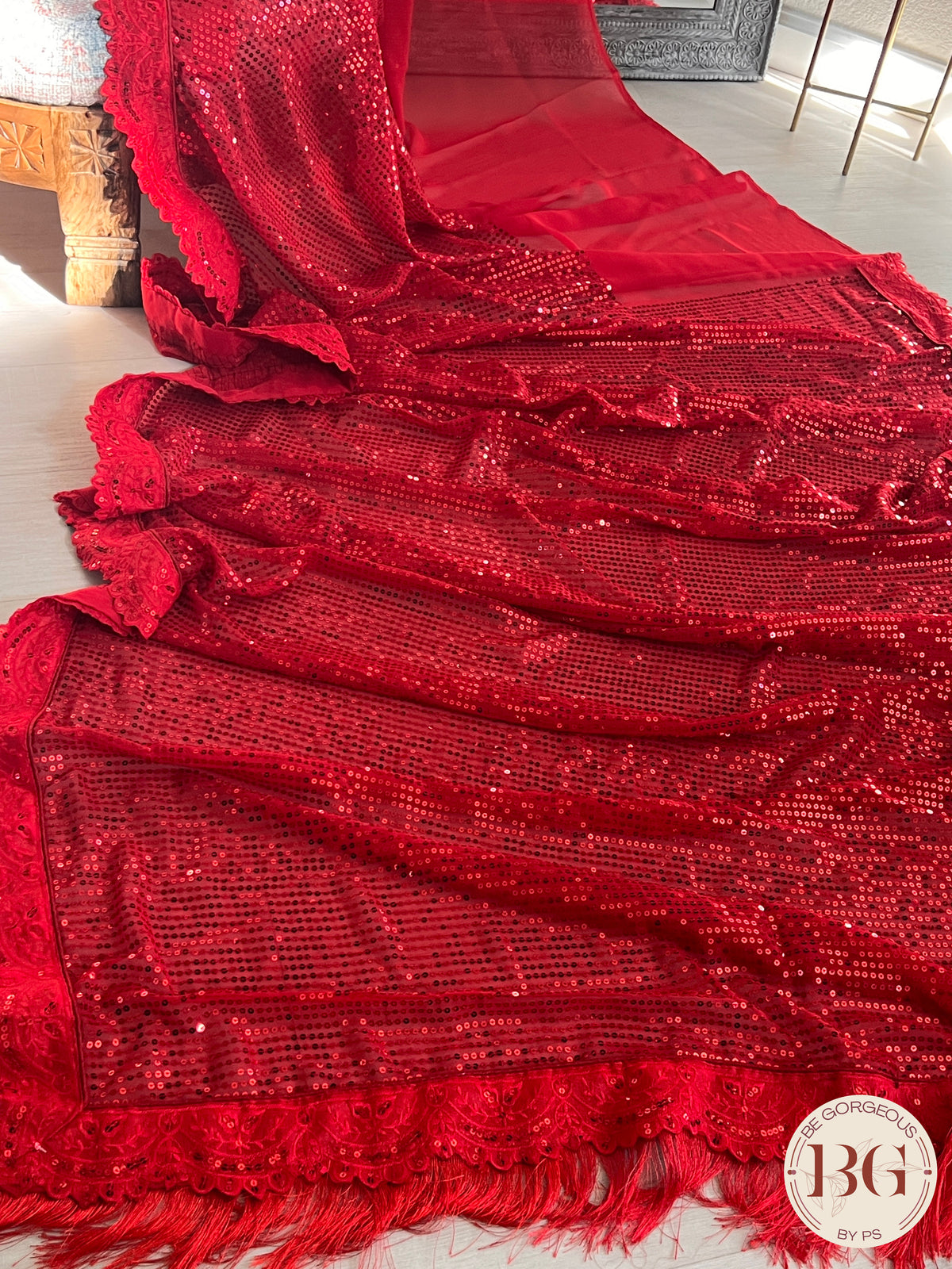 Georgette with all over sequin saree color - red