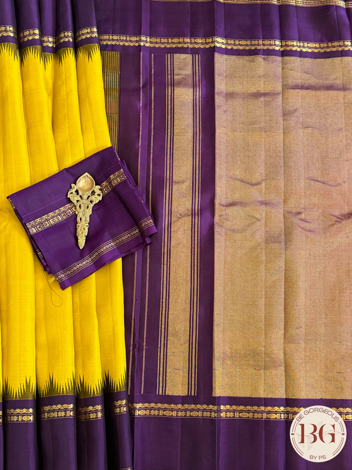 Gadwal handloom pure silk saree - Yellow Purple