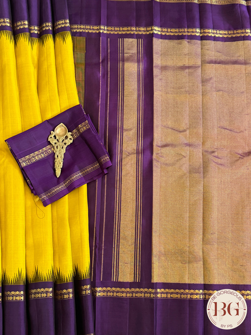 Gadwal handloom pure silk saree - Yellow Purple