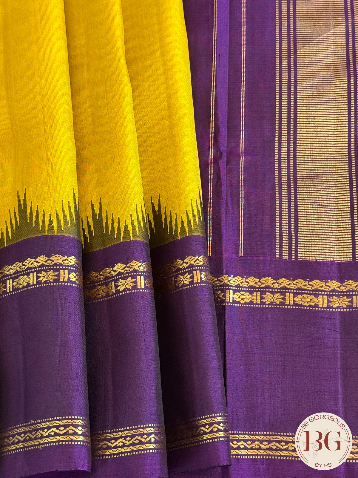 Gadwal handloom pure silk saree - Yellow Purple