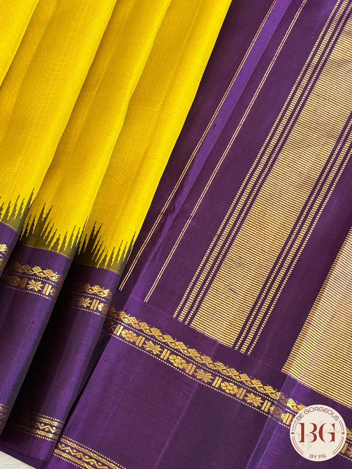 Gadwal handloom pure silk saree - Yellow Purple