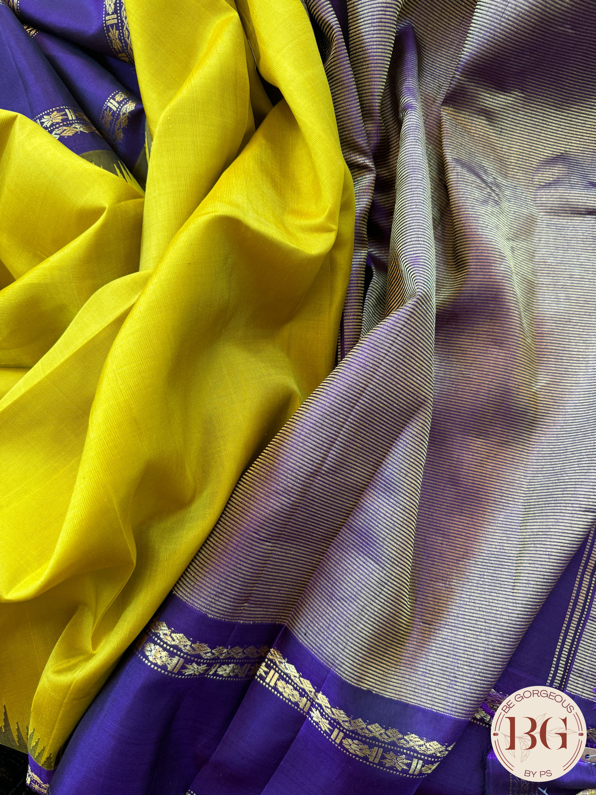 Gadwal handloom pure silk saree - Yellow Purple