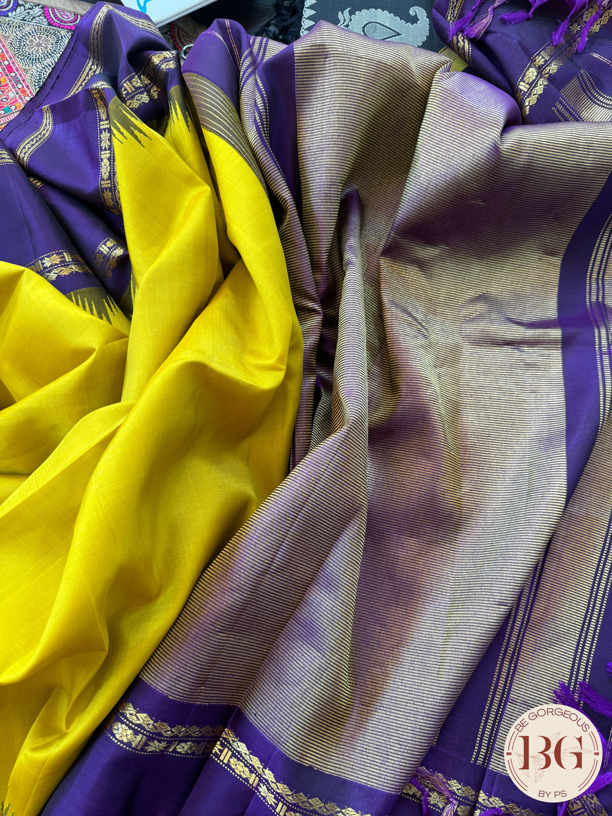 Gadwal handloom pure silk saree - Yellow Purple