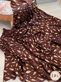 Georgette with feather foil print saree color - brown