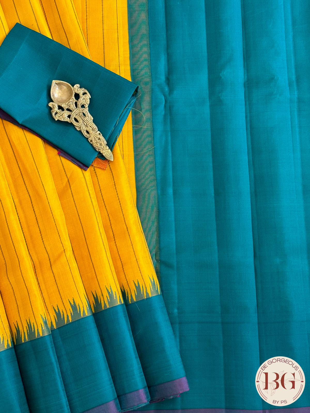 Gadwal handloom pure silk no zari saree - Yellow Blue