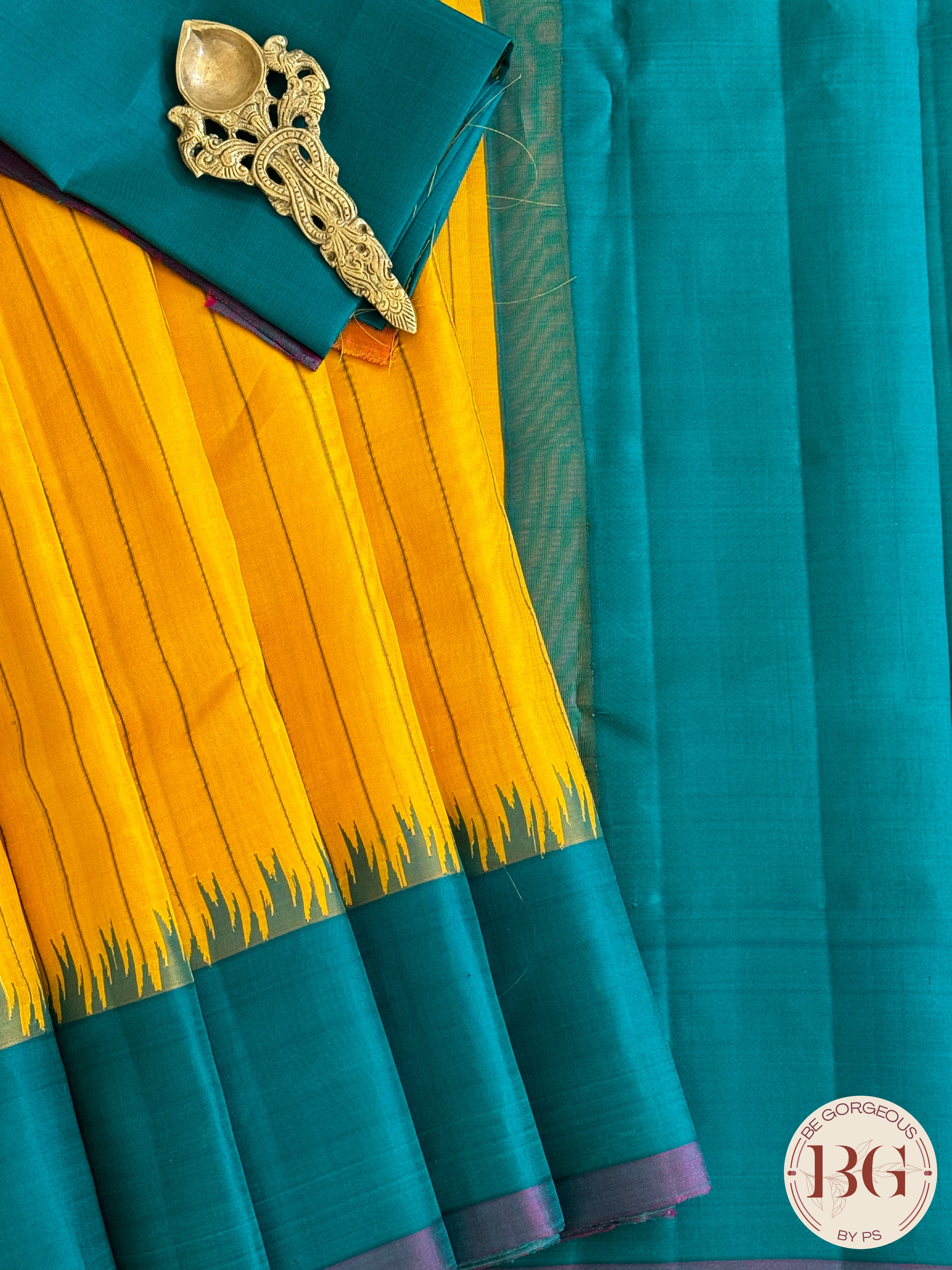 Gadwal handloom pure silk no zari saree - Yellow Blue