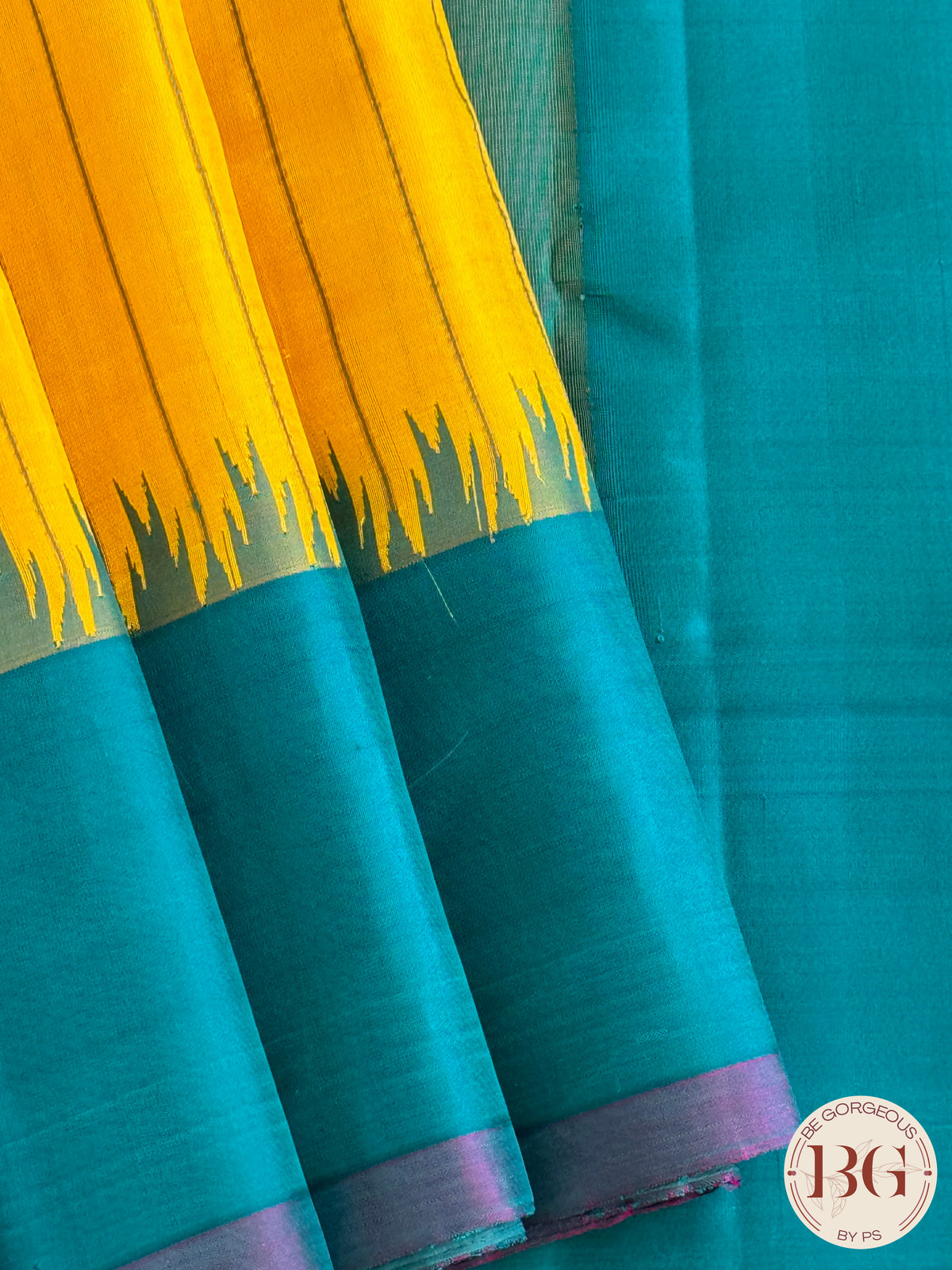 Gadwal handloom pure silk no zari saree - Yellow Blue