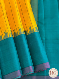 Gadwal handloom pure silk no zari saree - Yellow Blue