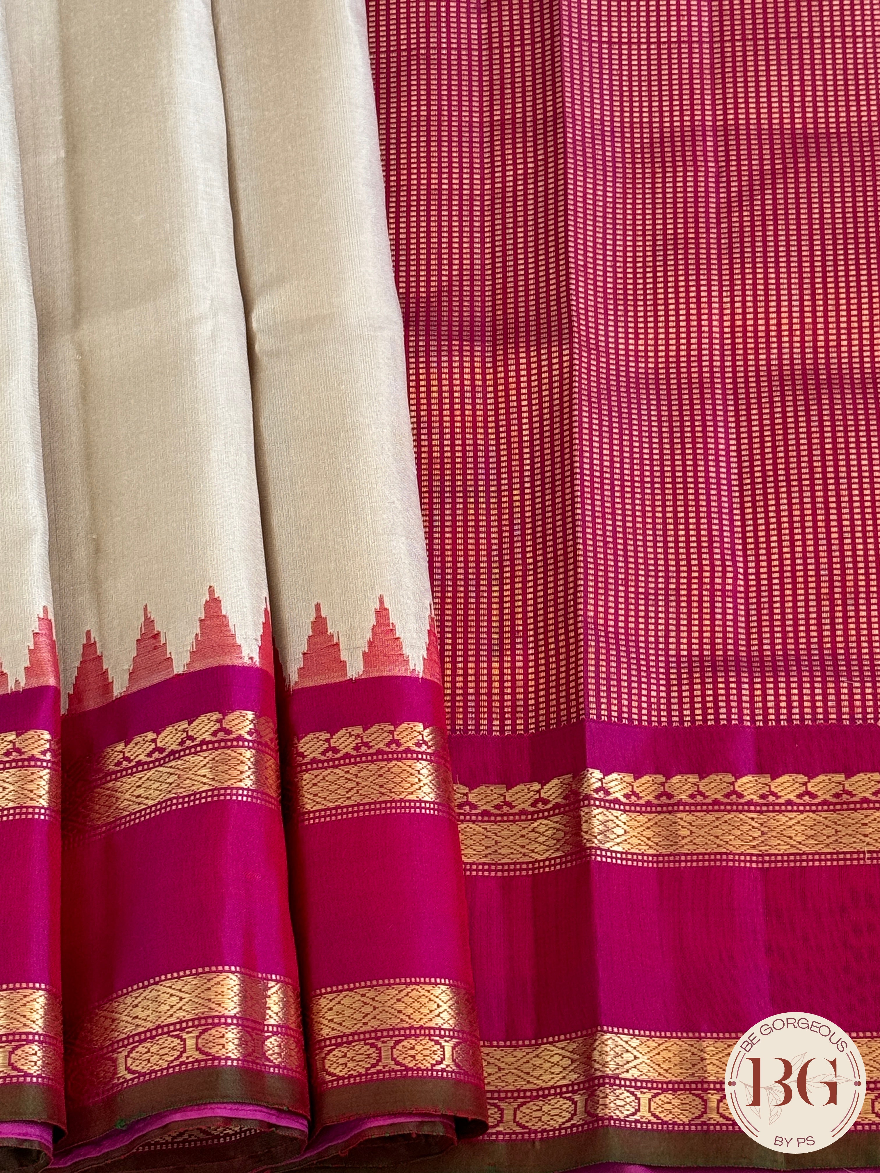 Gadwal handloom pure silk saree - Off White & Pink