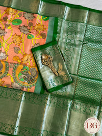 Kanjeevaram kalamkari pure silk saree - orange green