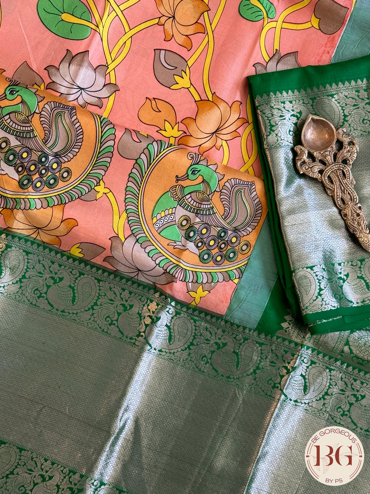 Kanjeevaram kalamkari pure silk saree - orange green