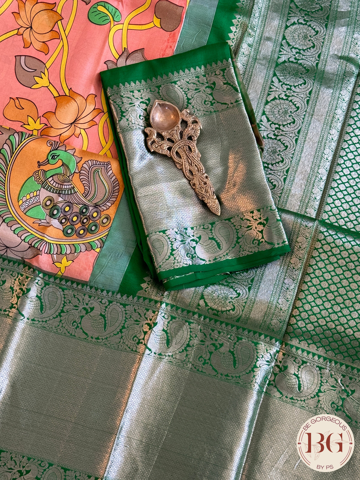 Kanjeevaram kalamkari pure silk saree - orange green