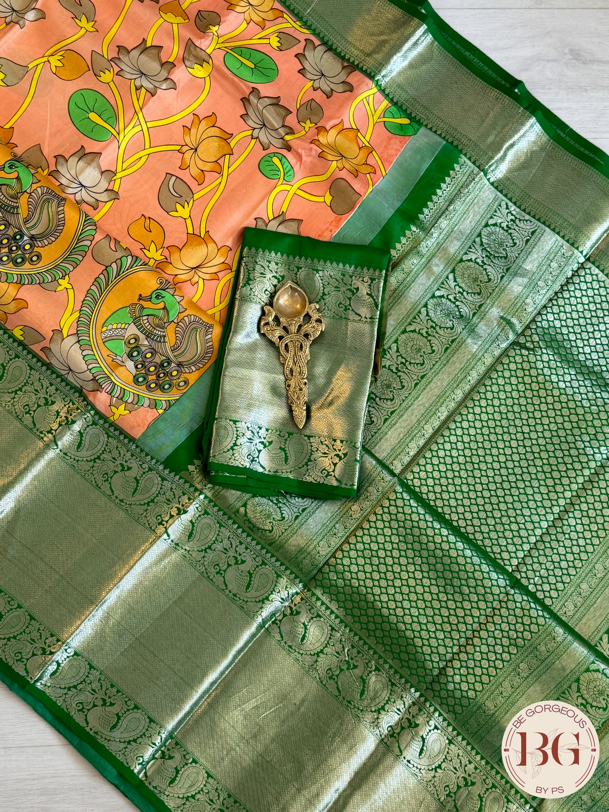 Kanjeevaram kalamkari pure silk saree - orange green