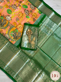 Kanjeevaram kalamkari pure silk saree - orange green