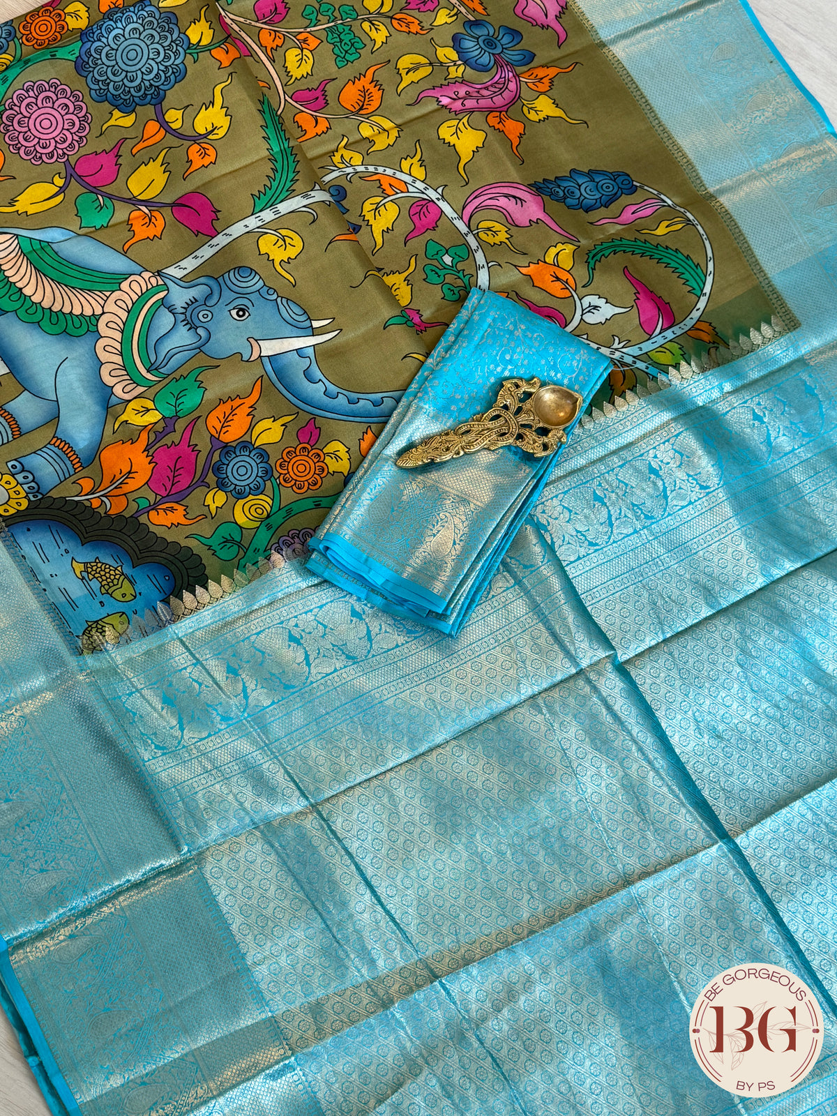 Kanjeevaram kalamkari pure silk saree - brown blue