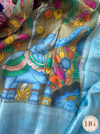 Kanjeevaram kalamkari pure silk saree - brown blue