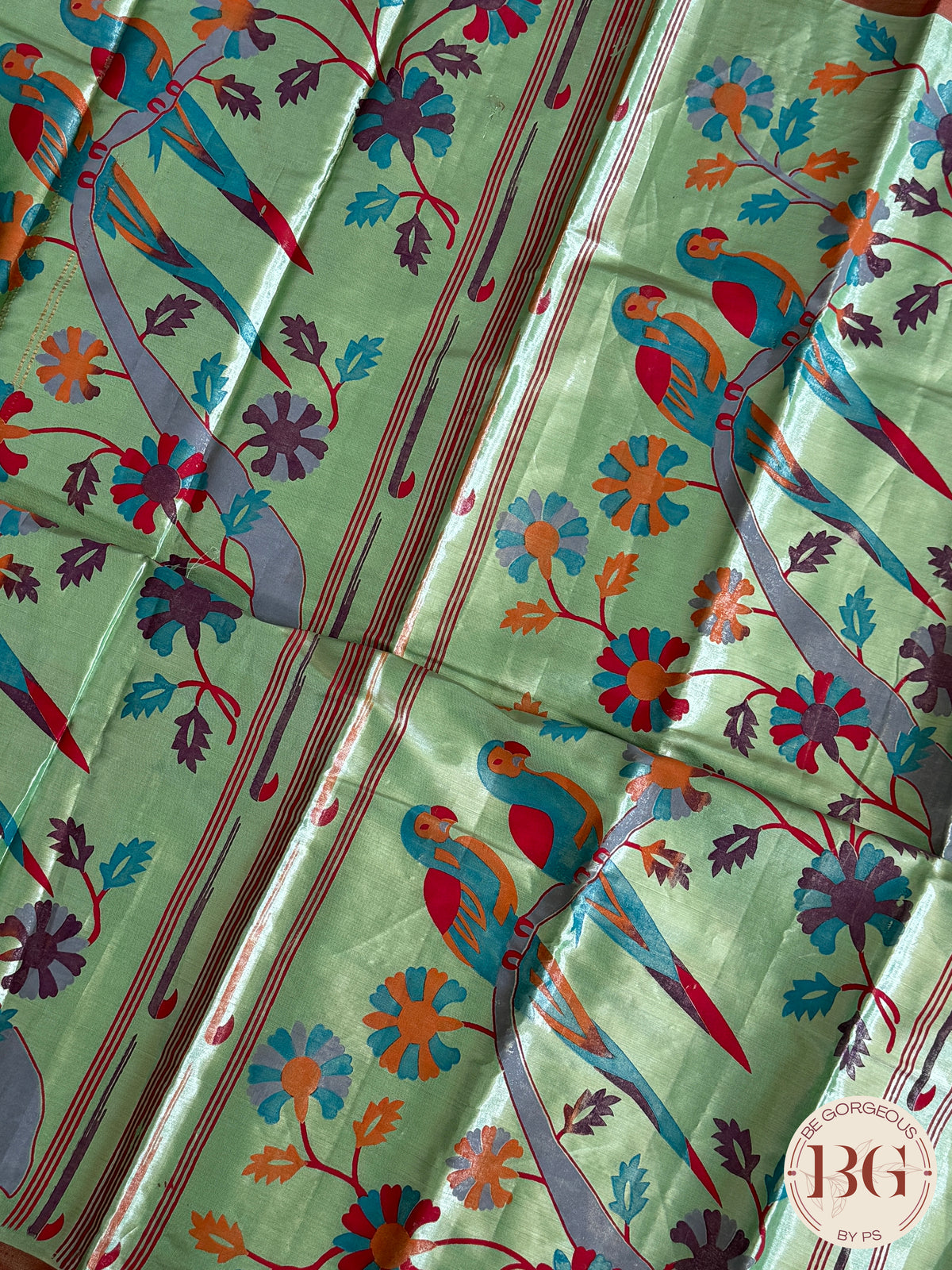 Kanjeevaram tissue kalamkari pure silk saree - parrot motifs - green