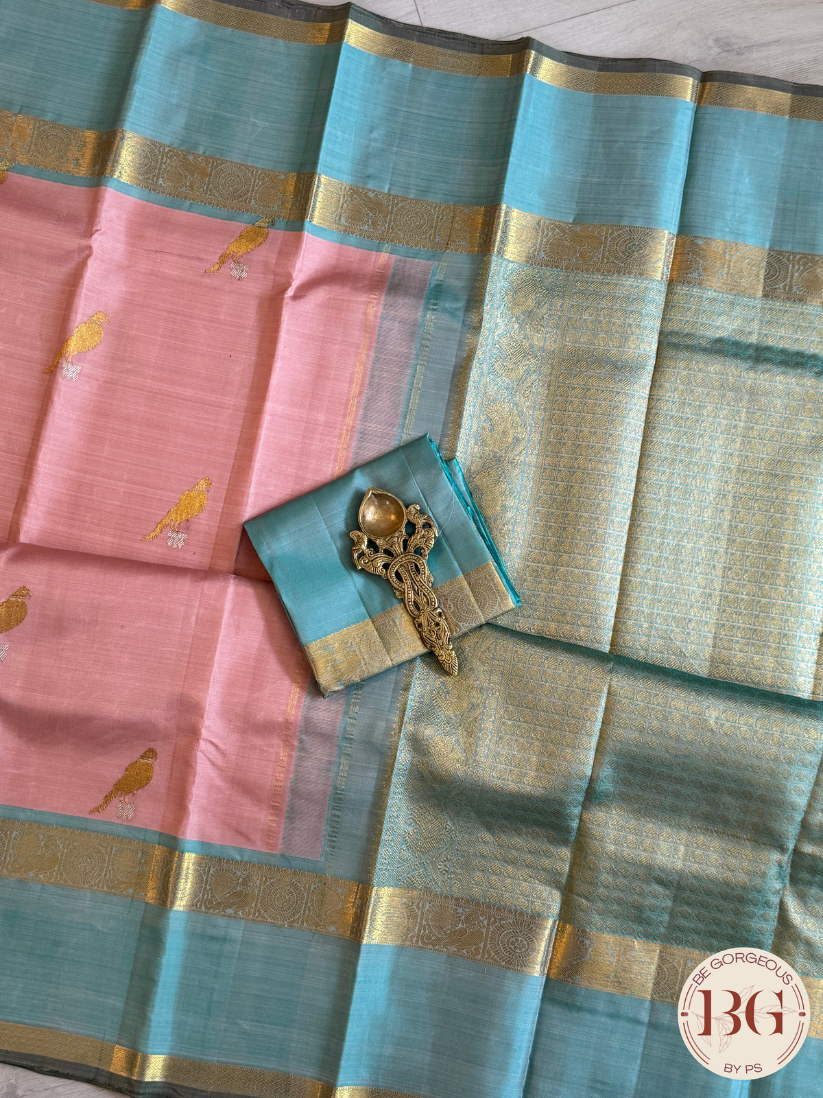 Kanjeevaram pure silk handloom saree with parrot motifs- pastel pink pastel blue