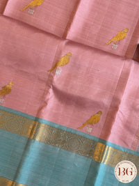 Kanjeevaram pure silk handloom saree with parrot motifs- pastel pink pastel blue