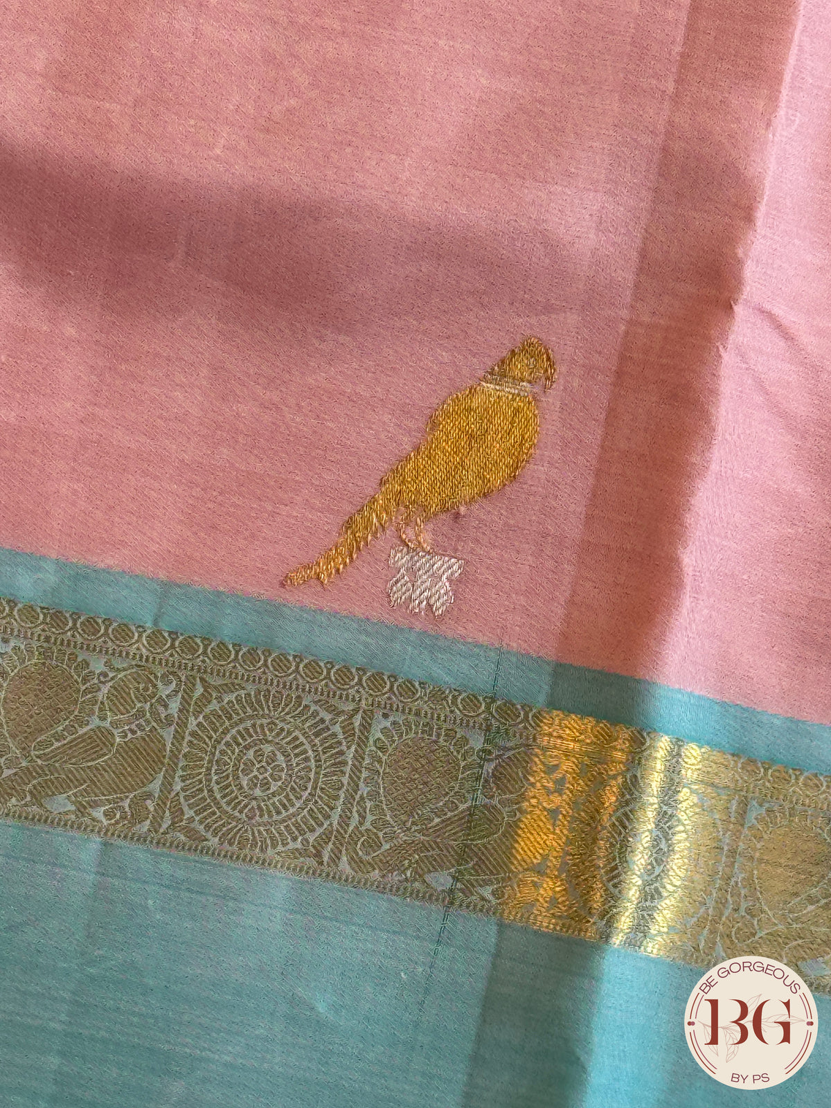 Kanjeevaram pure silk handloom saree with parrot motifs- pastel pink pastel blue