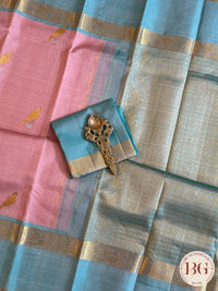 Kanjeevaram pure silk handloom saree with parrot motifs- pastel pink pastel blue