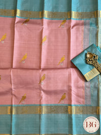 Kanjeevaram pure silk handloom saree with parrot motifs- pastel pink pastel blue