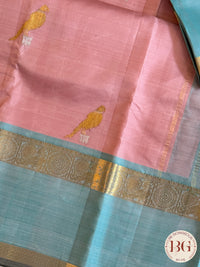 Kanjeevaram pure silk handloom saree with parrot motifs- pastel pink pastel blue