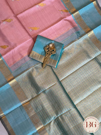 Kanjeevaram pure silk handloom saree with parrot motifs- pastel pink pastel blue