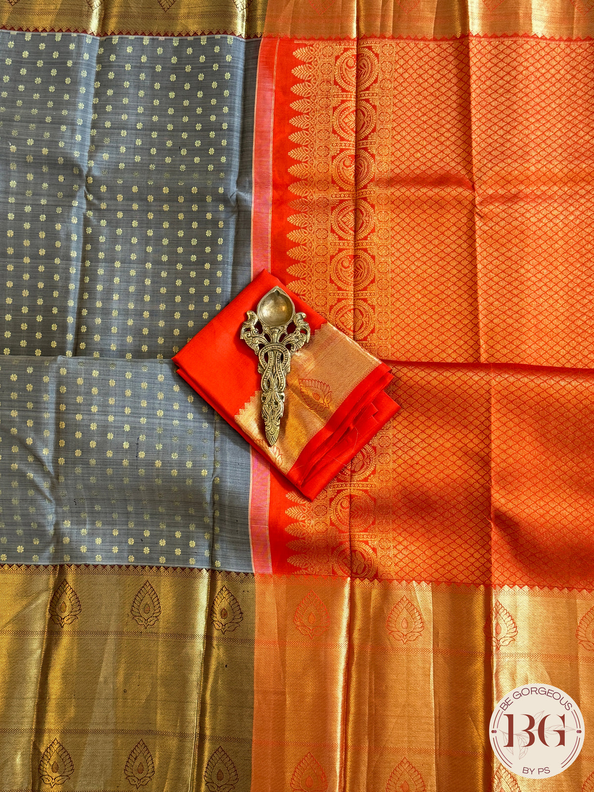 Kanjeevaram pure silk handloom saree - laxman butta grey