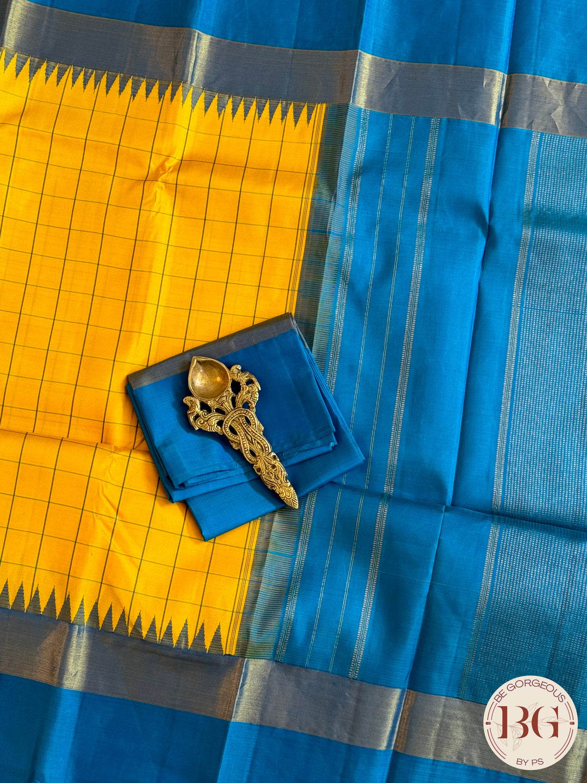 Kanjeevaram pure silk handloom saree - yellow blue big checker