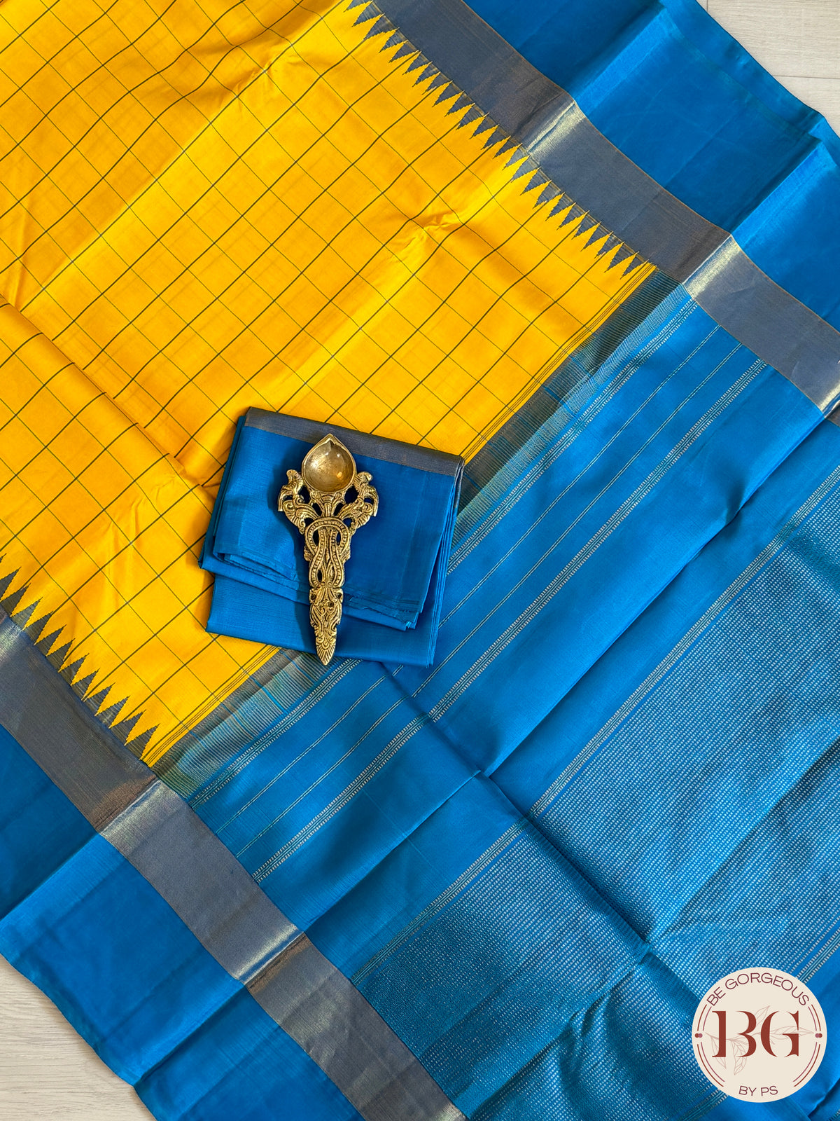 Kanjeevaram pure silk handloom saree - yellow blue big checker