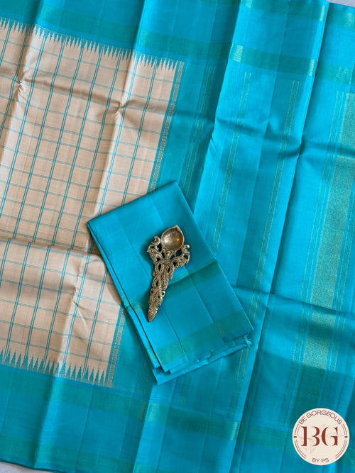 Kanjeevaram pure silk handloom saree - off white blue big checker