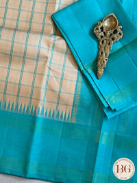 Kanjeevaram pure silk handloom saree - off white blue big checker