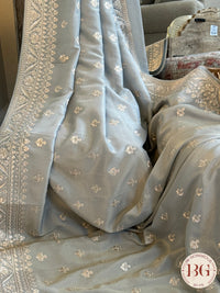 Organza satin silk saree with threadwork - blue
