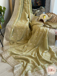 Organza satin silk saree with threadwork - green