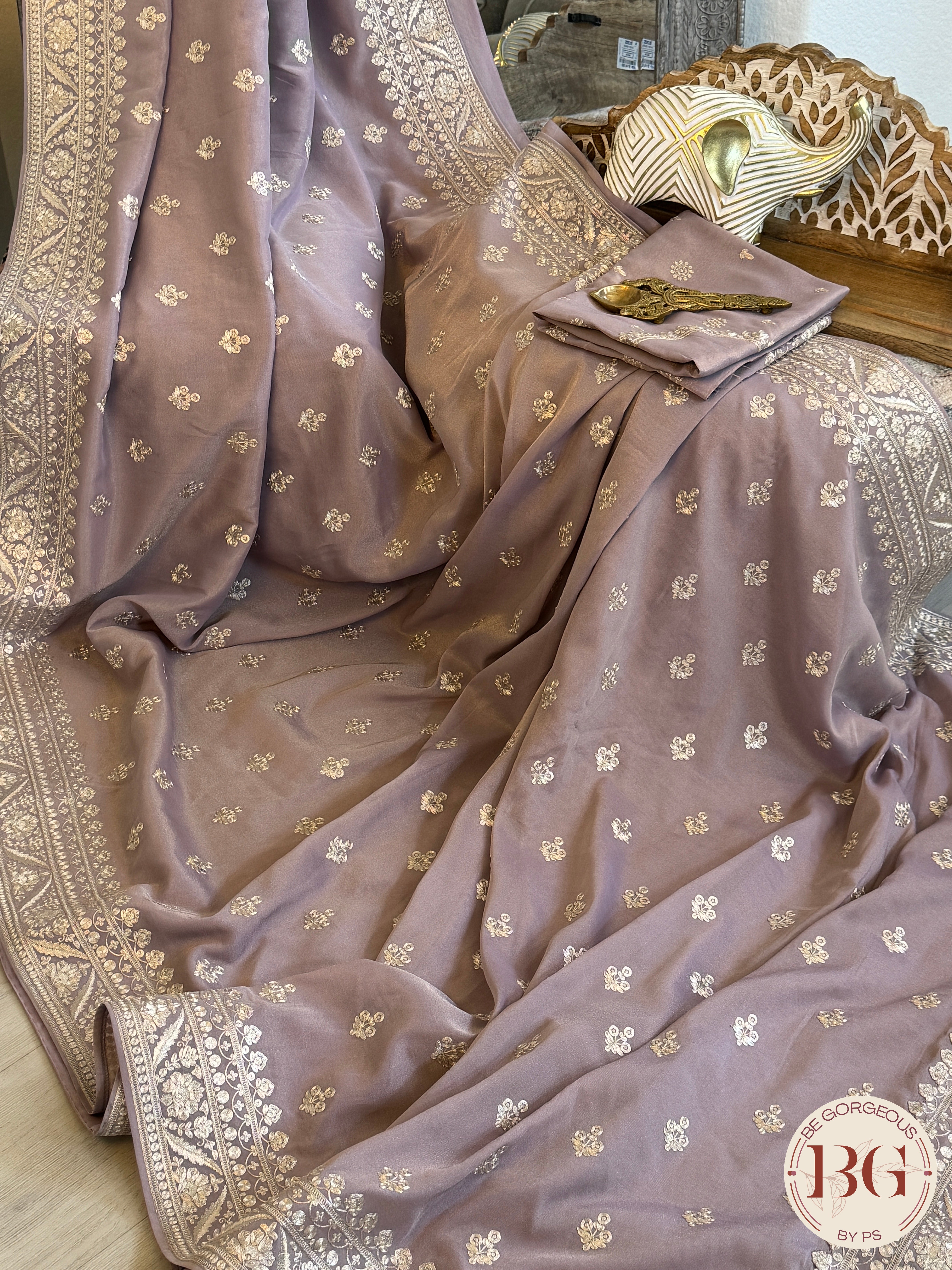 Organza satin silk saree with threadwork - lavender