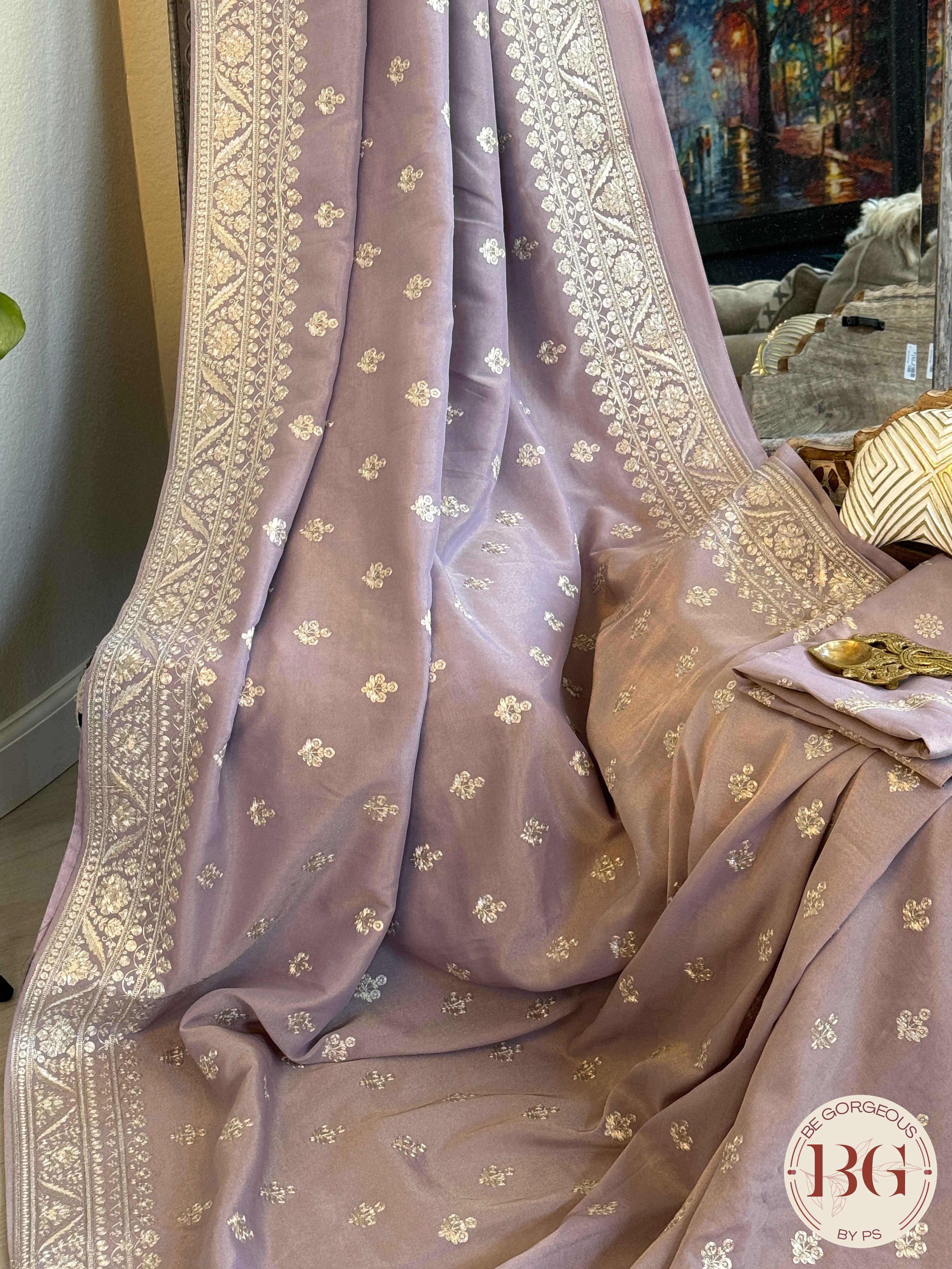 Organza satin silk saree with threadwork - lavender