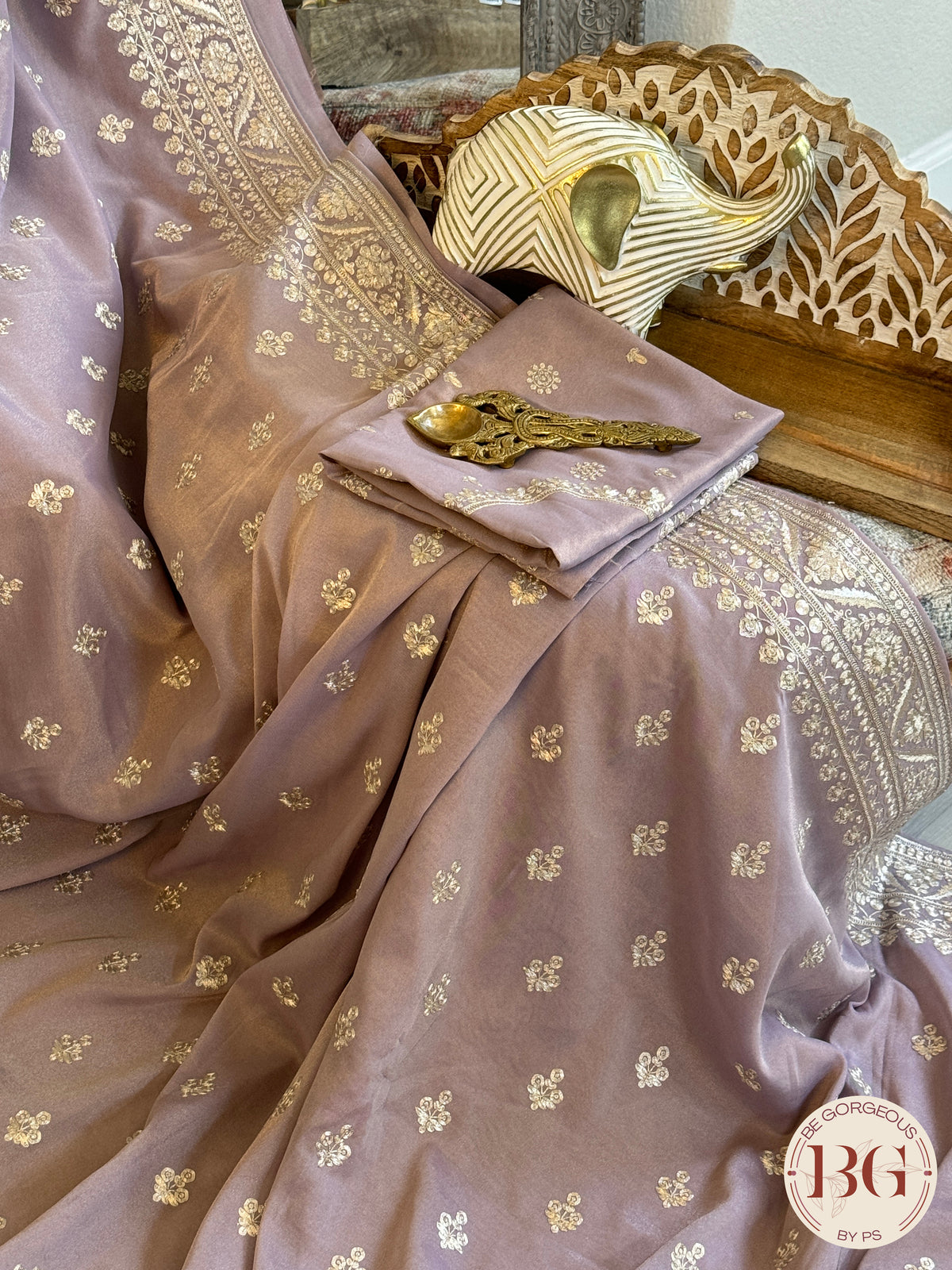 Organza satin silk saree with threadwork - lavender