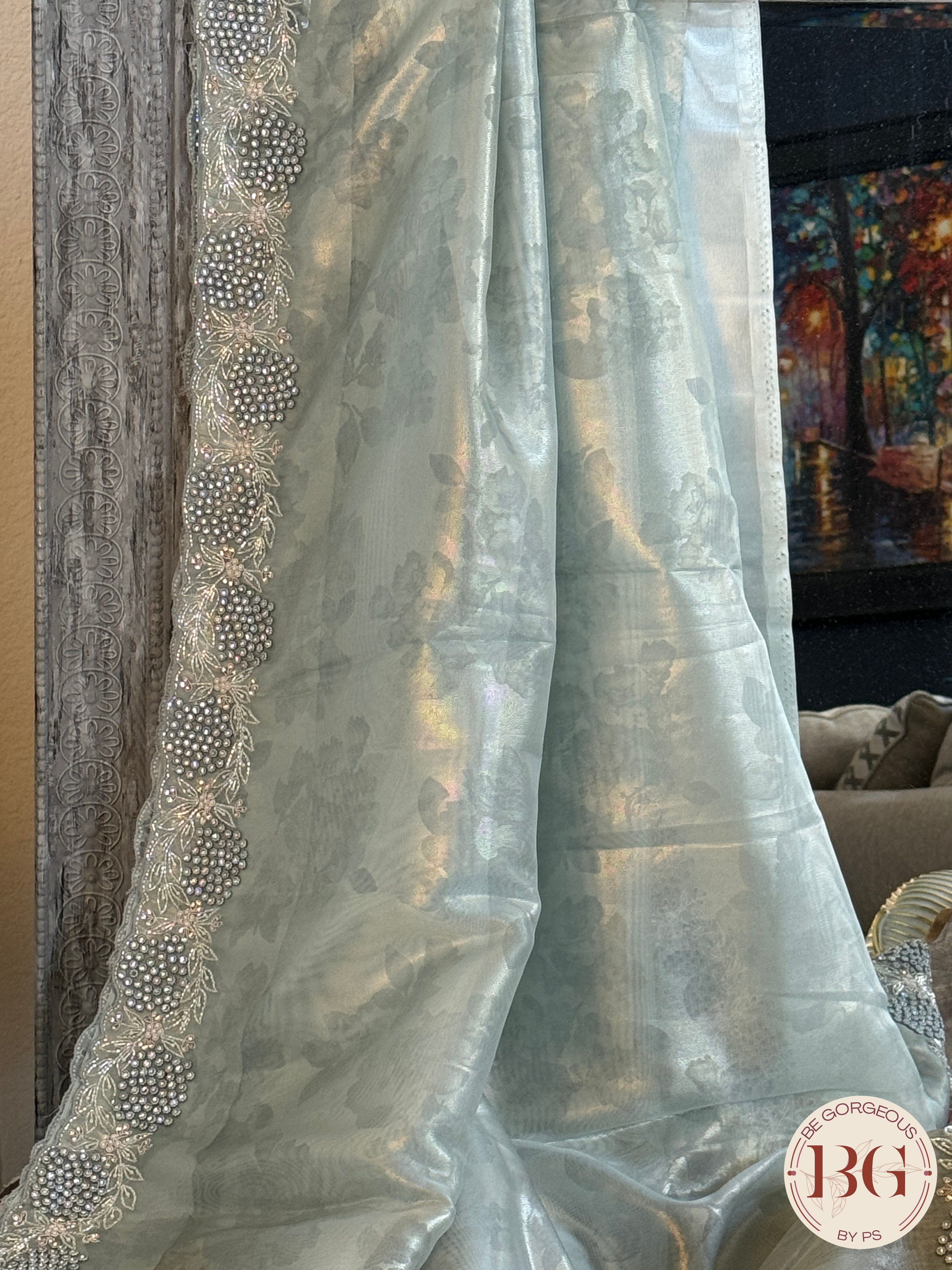 Tissue organza silk with stone work - blue