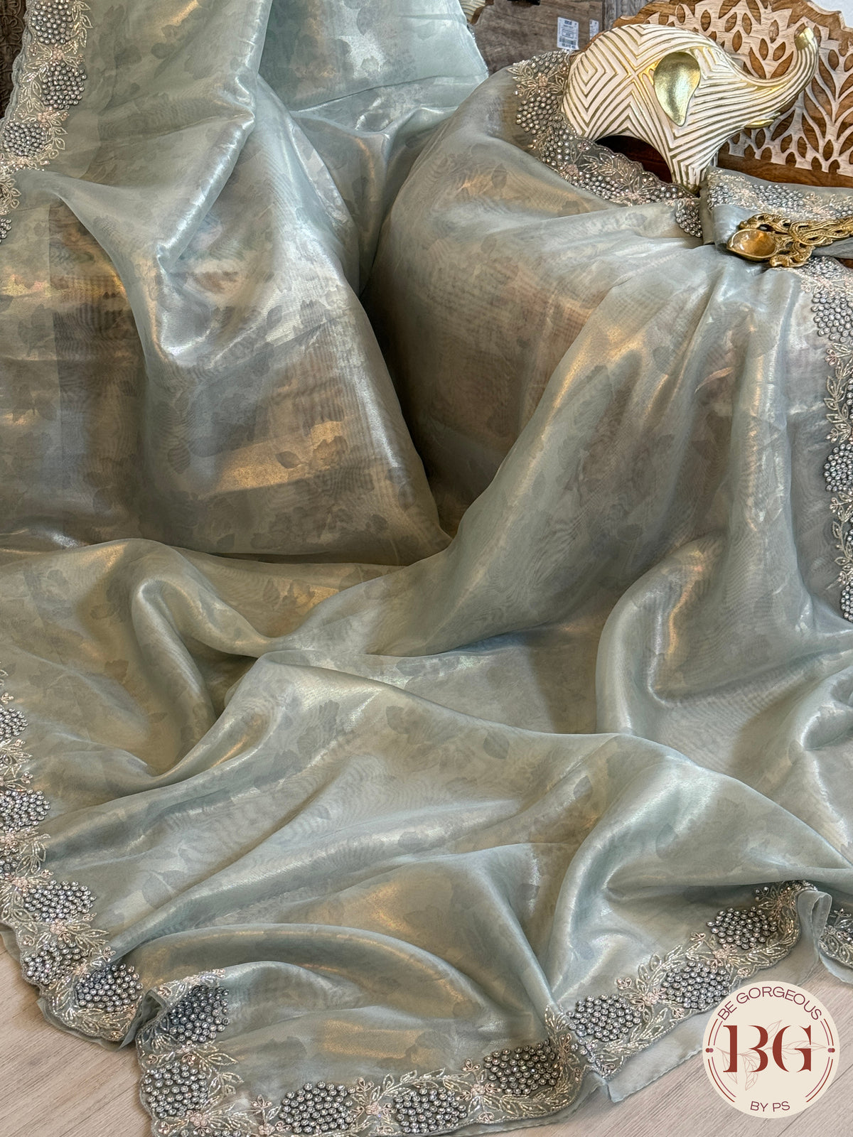 Tissue organza silk with stone work - blue