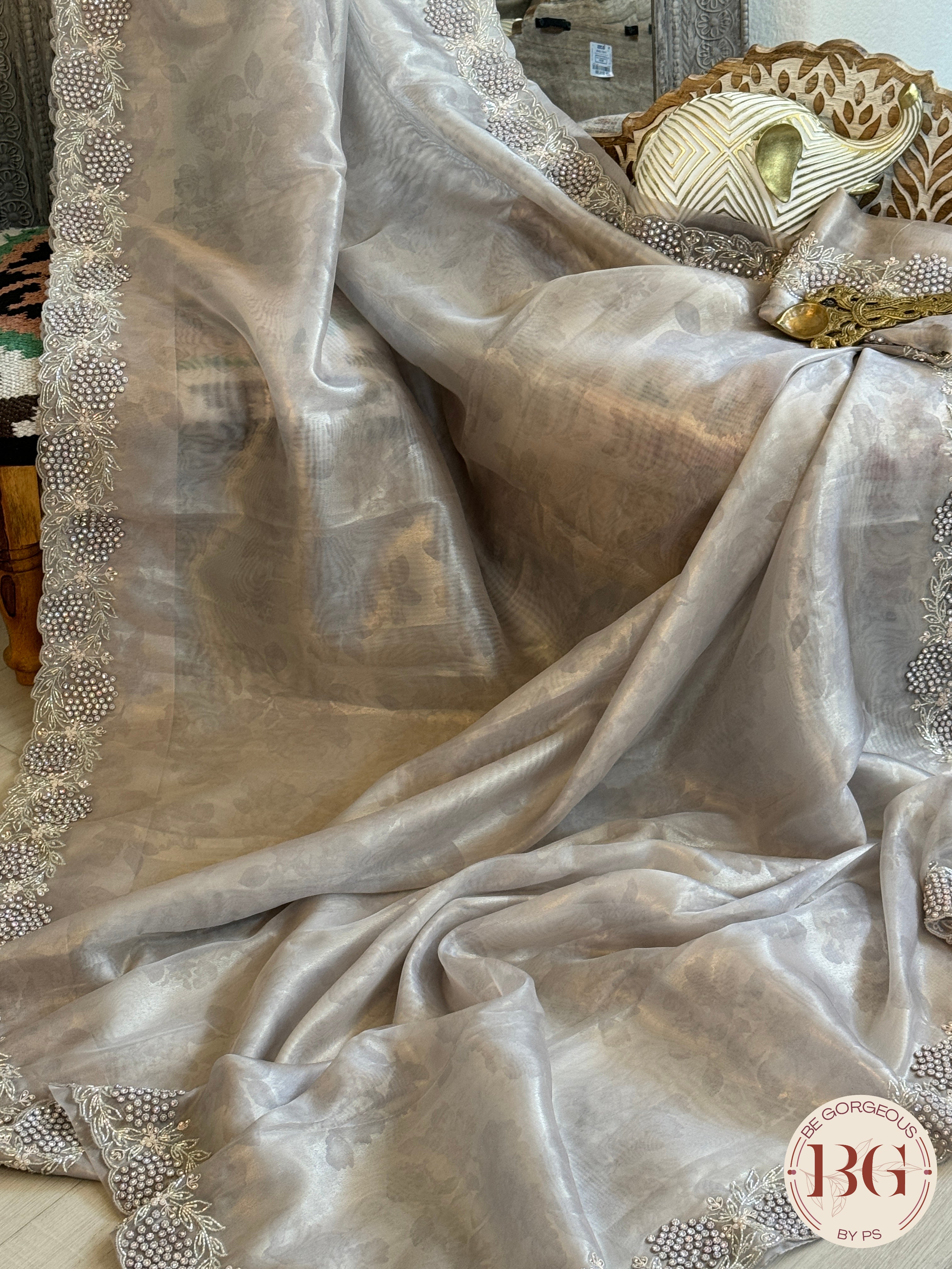 Tissue organza silk with stone work - lavendar