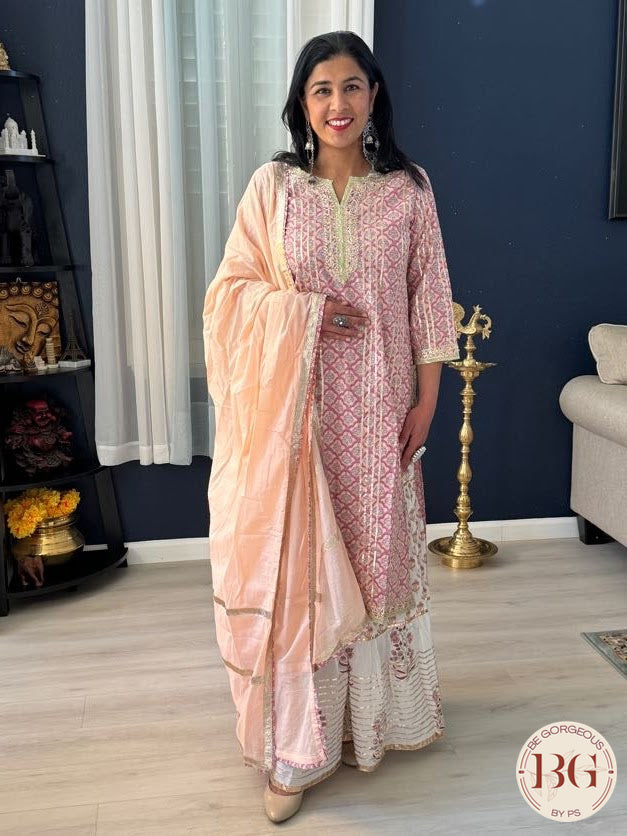 Cotton garara set in peach pink color with gota work